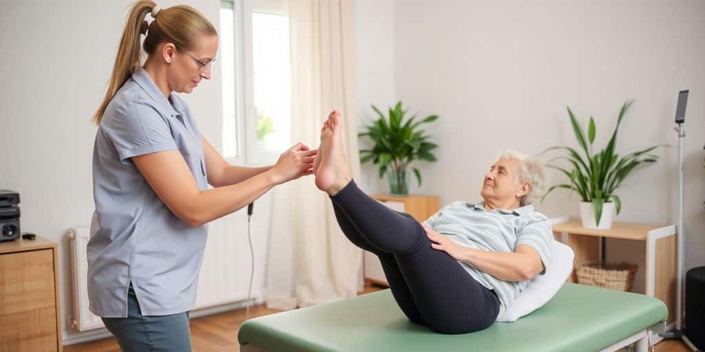 Physiothérapeute aidant un patient à domicile après un AVC.