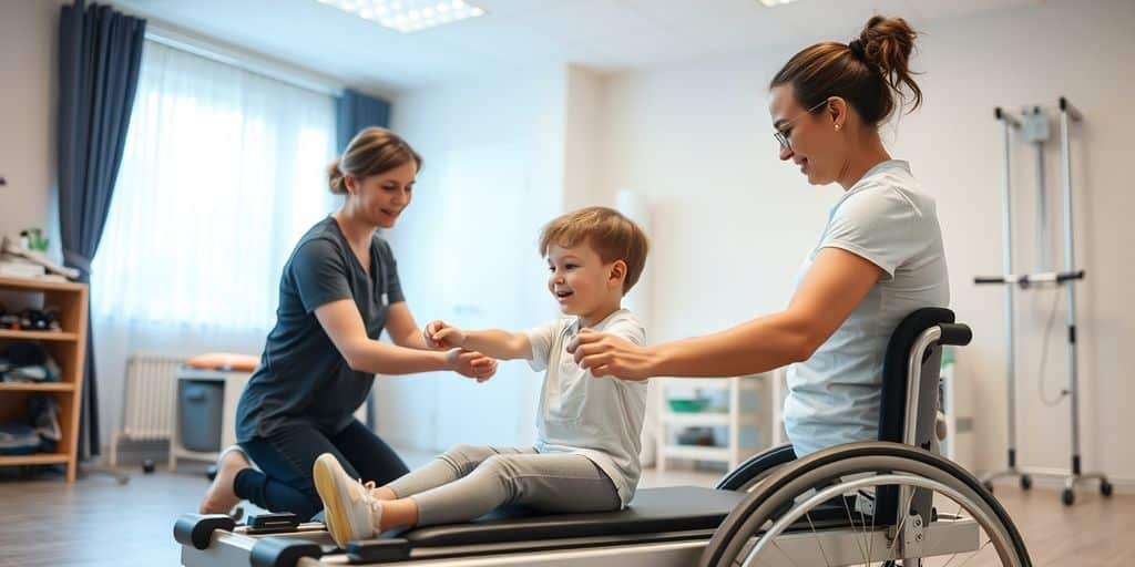 Thérapeute et enfant en physiothérapie