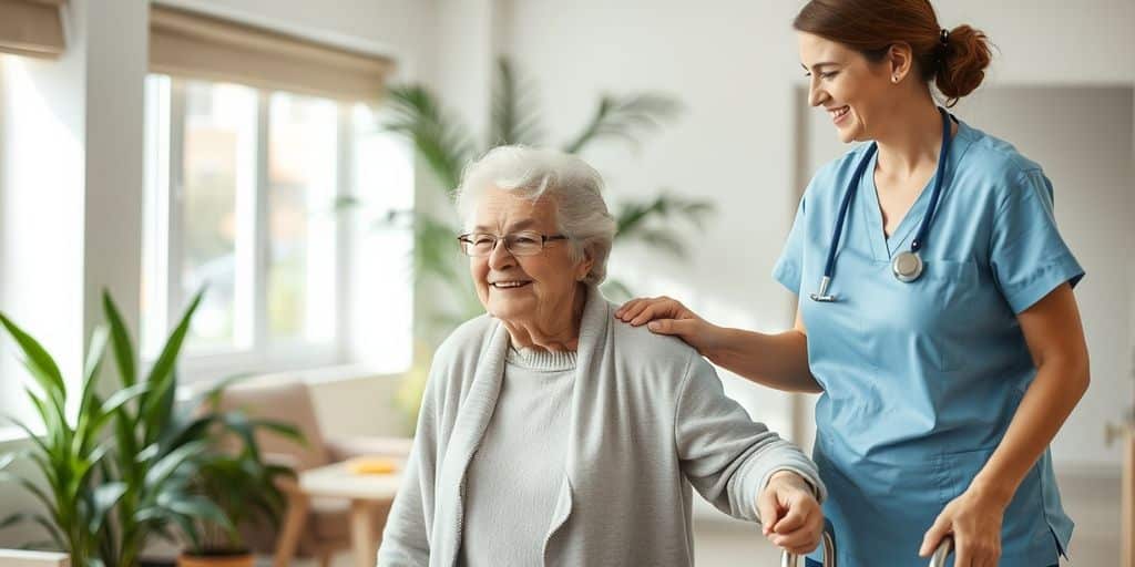 Infirmière aidant une personne âgée à marcher