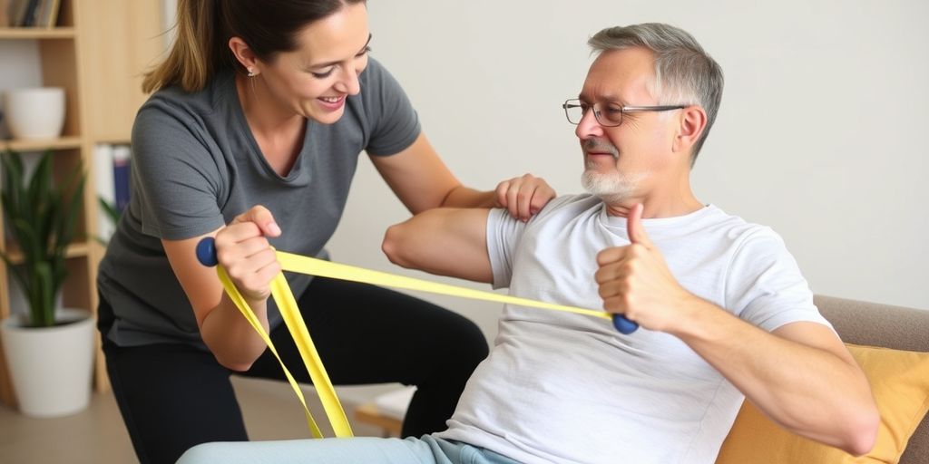 Patient en rééducation à domicile avec kinésithérapeute.