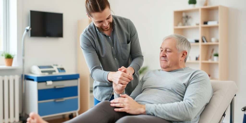 Physiothérapeute aidant un patient en rééducation à domicile