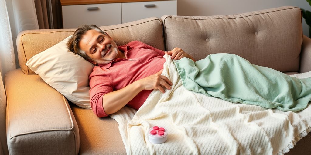 Patient reposant sur un canapé avec des coussins et une couverture.