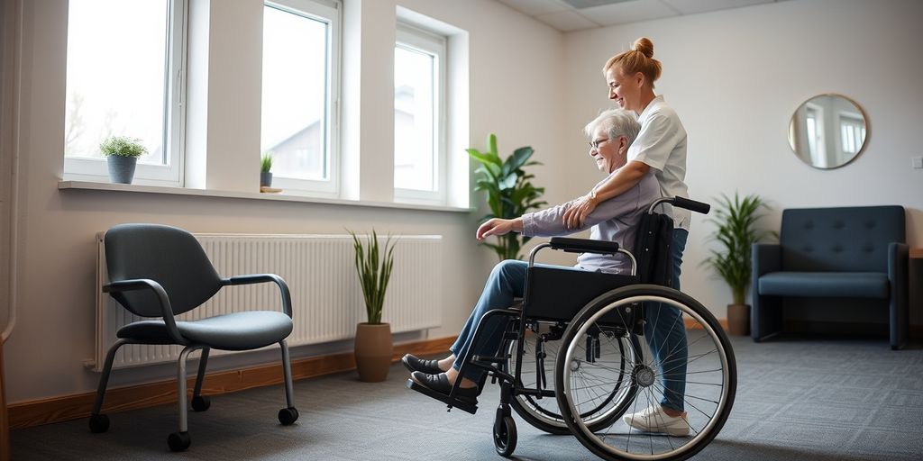 Physiothérapeute aidant un patient en fauteuil roulant