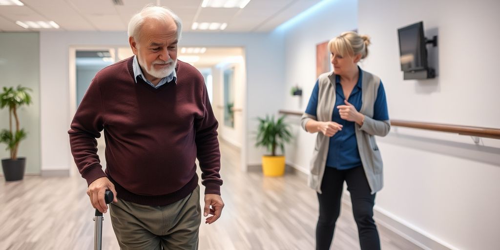 Physiothérapeute aidant un patient âgé à marcher