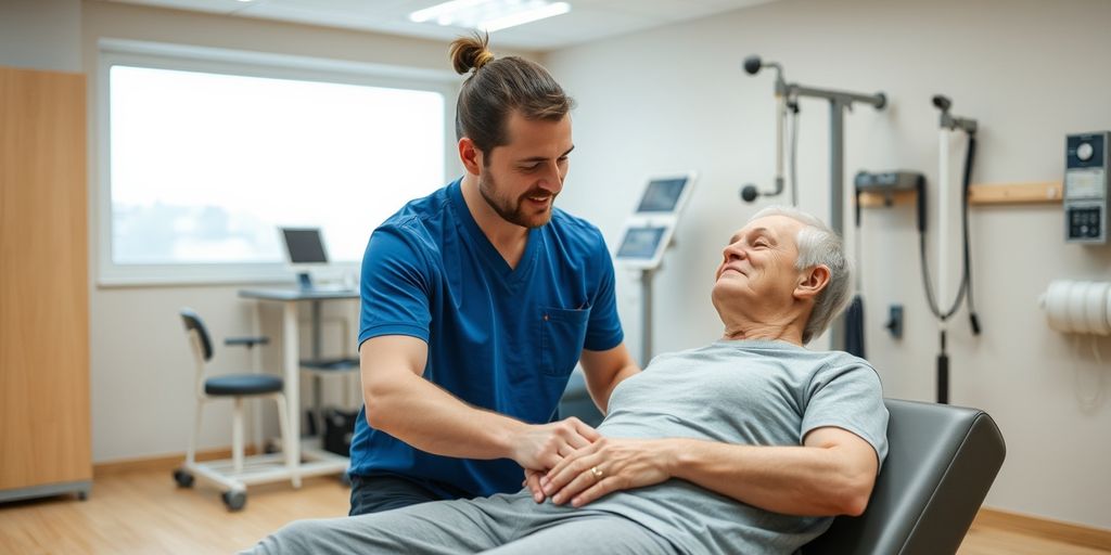 Patient en rééducation avec un physiothérapeute.