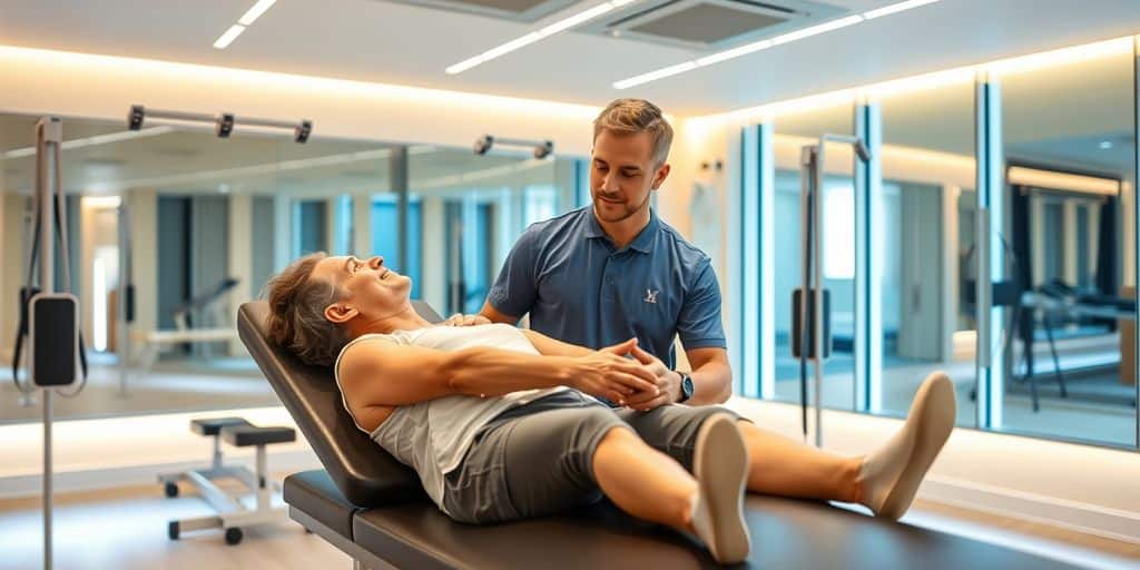 Patient en rééducation avec un kinésithérapeute