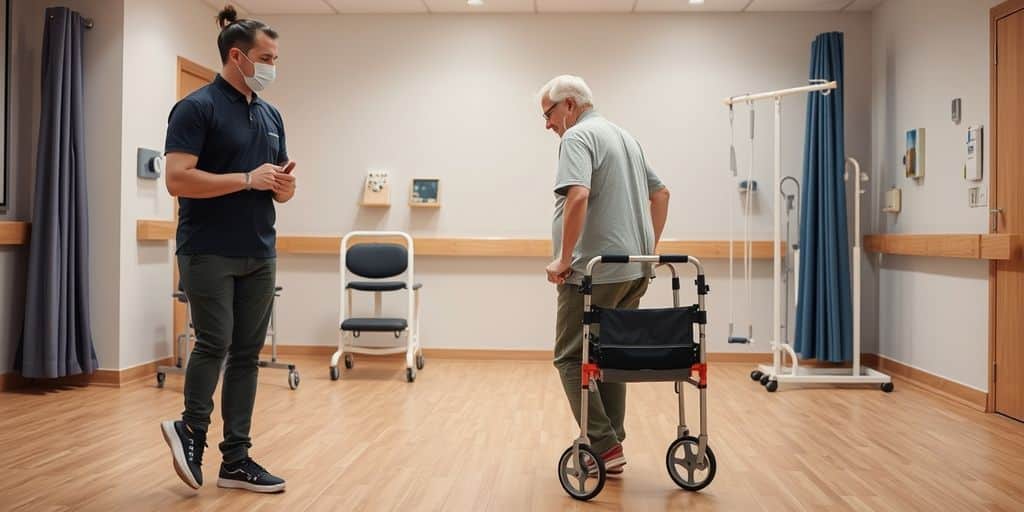 Physiothérapeute aidant un patient avec un déambulateur