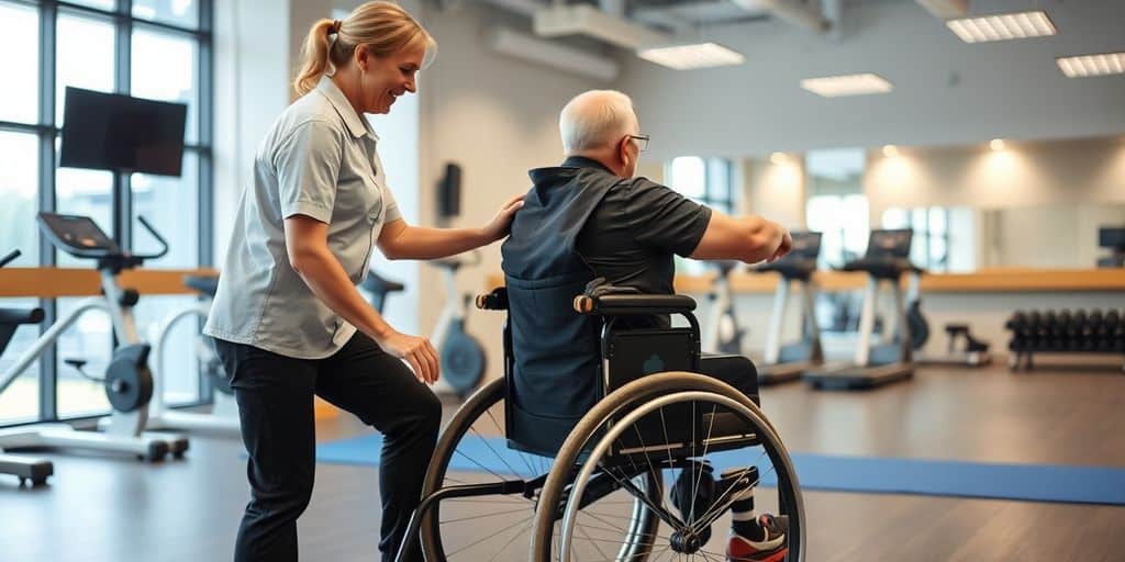 Physiothérapeute aidant un patient en fauteuil roulant