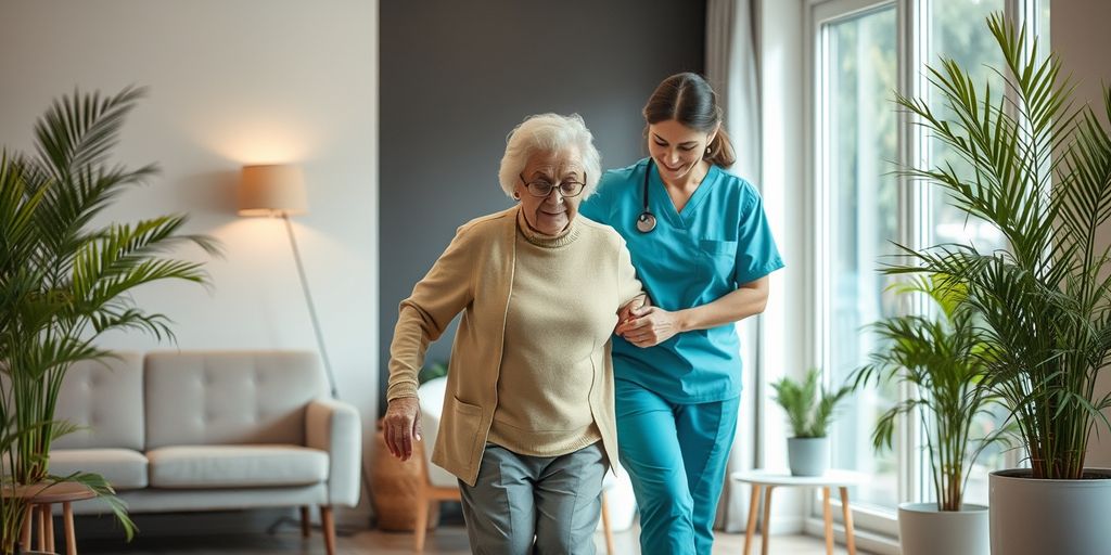Infirmière aidant une personne âgée à marcher