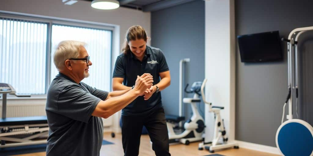 Physiothérapeute aidant un senior avec des exercices à domicile.