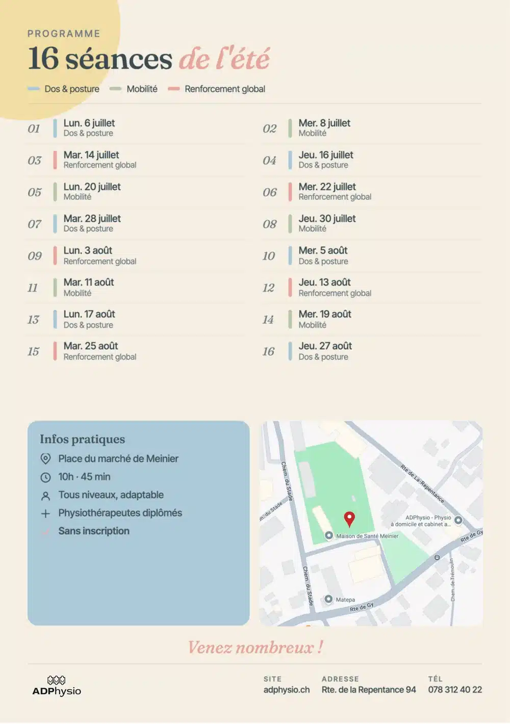 Programme des 16 séances de L'été en mouvement à Meinier — verso