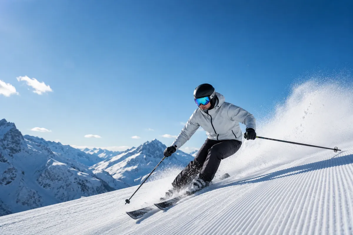 Skieur dévalant une piste enneigée dans les Alpes — physiothérapie après une blessure de ski à Genève