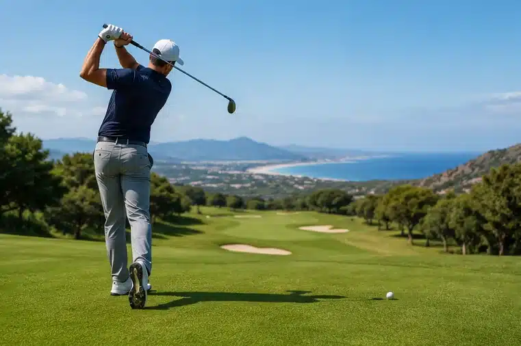 Golfeur réalisant un swing — physiothérapie après une blessure de golf à Genève